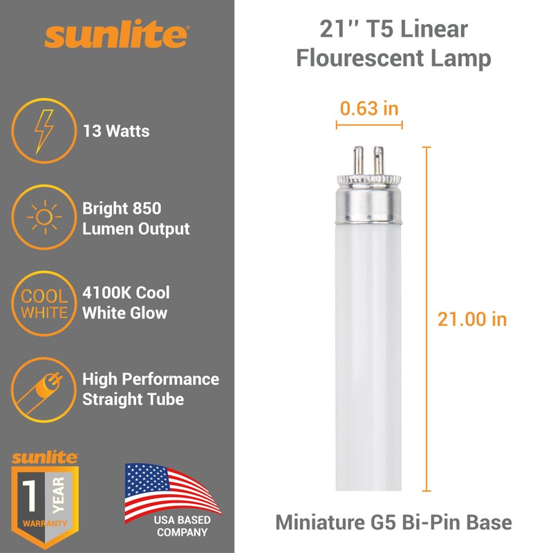 Sunlite 21-Inch F13T5/CW T5 Linear Fluorescent Lamp, 13 Watts, 850 Lumens, 4100K Cool White, Miniature G5 Bi-Pin Base, ROHS Compliant, High Performance Straight Tube, 10 Pack - Image 2